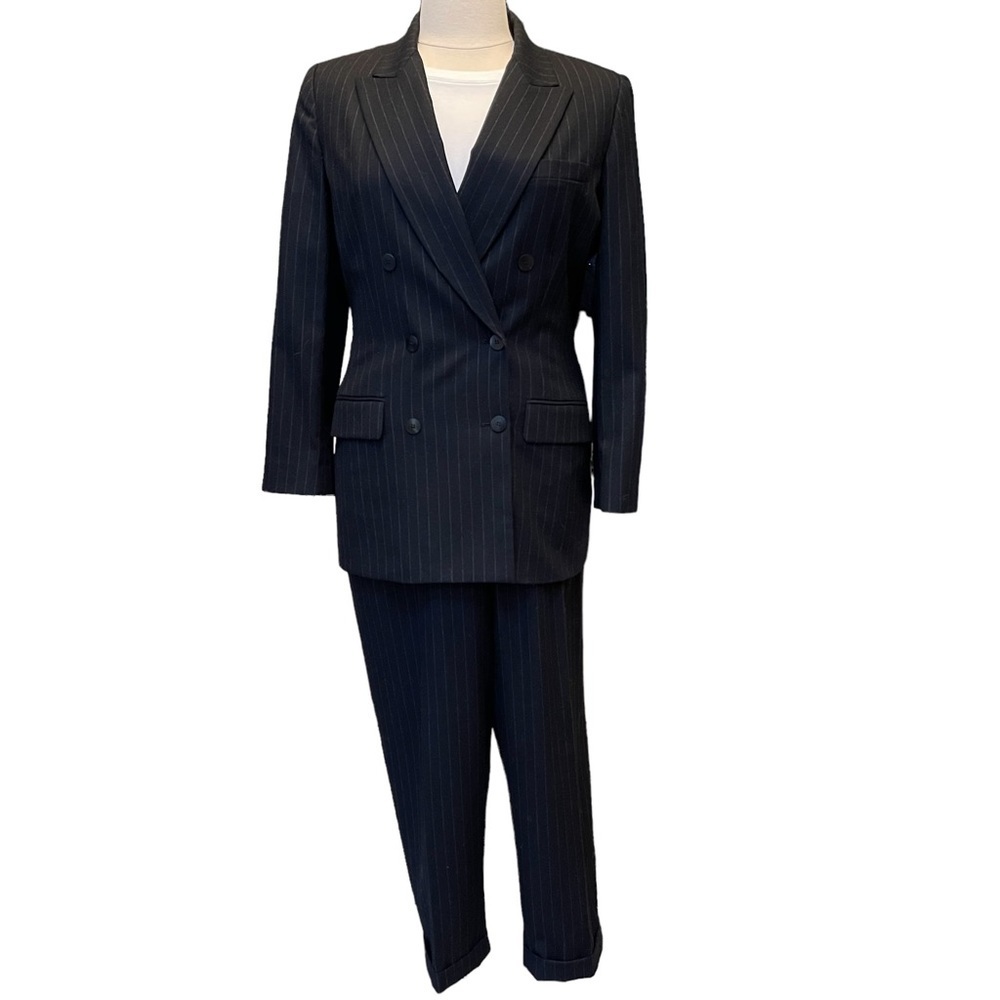 Vintage By Liz Claiborne Classics Wool Stripe Double Breasted Jacket Pant Suit